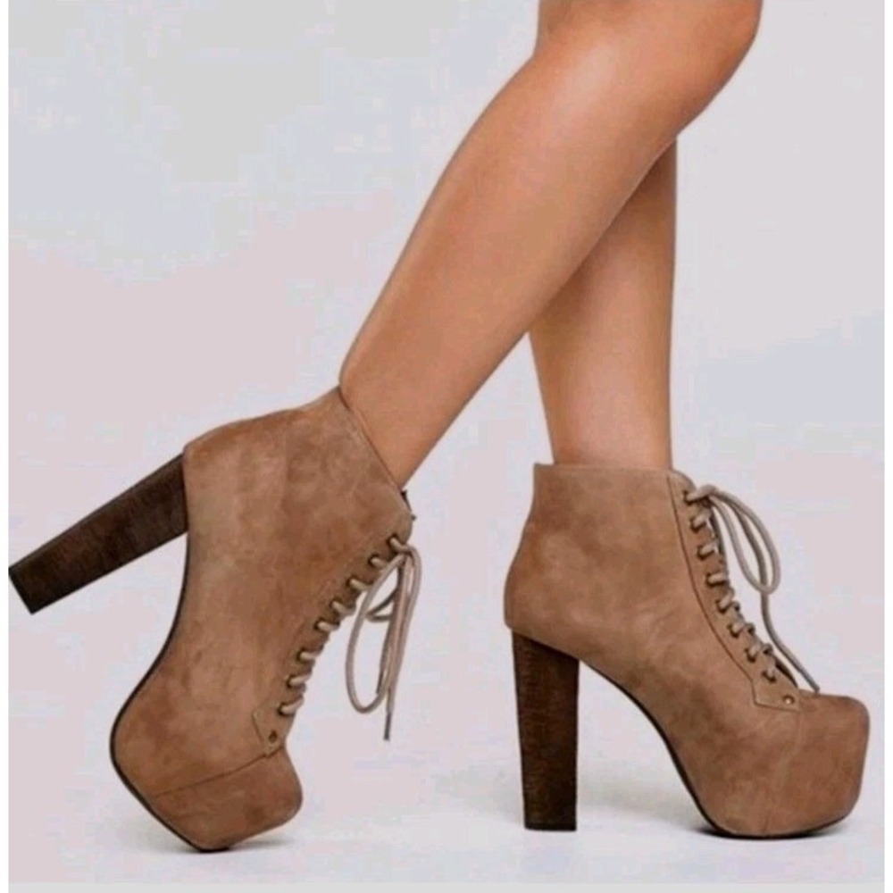 Jeffrey Campbell Lita Booties SZ 7.5 Tan Suede Platform Heels Steampunk Witchy
